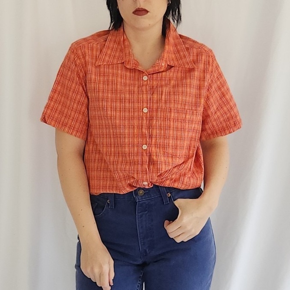 90s/00s 100% Cotton Orange and Red Plaid‎ Button Down